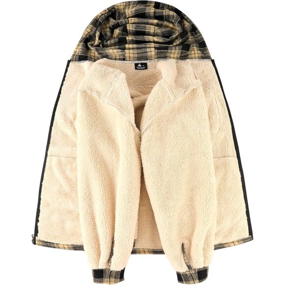 Mens Hooded Black Plaid Fleece-Lined Zip-Up Jacket Warm Winter Flannel Coat - Picture 3 of 5